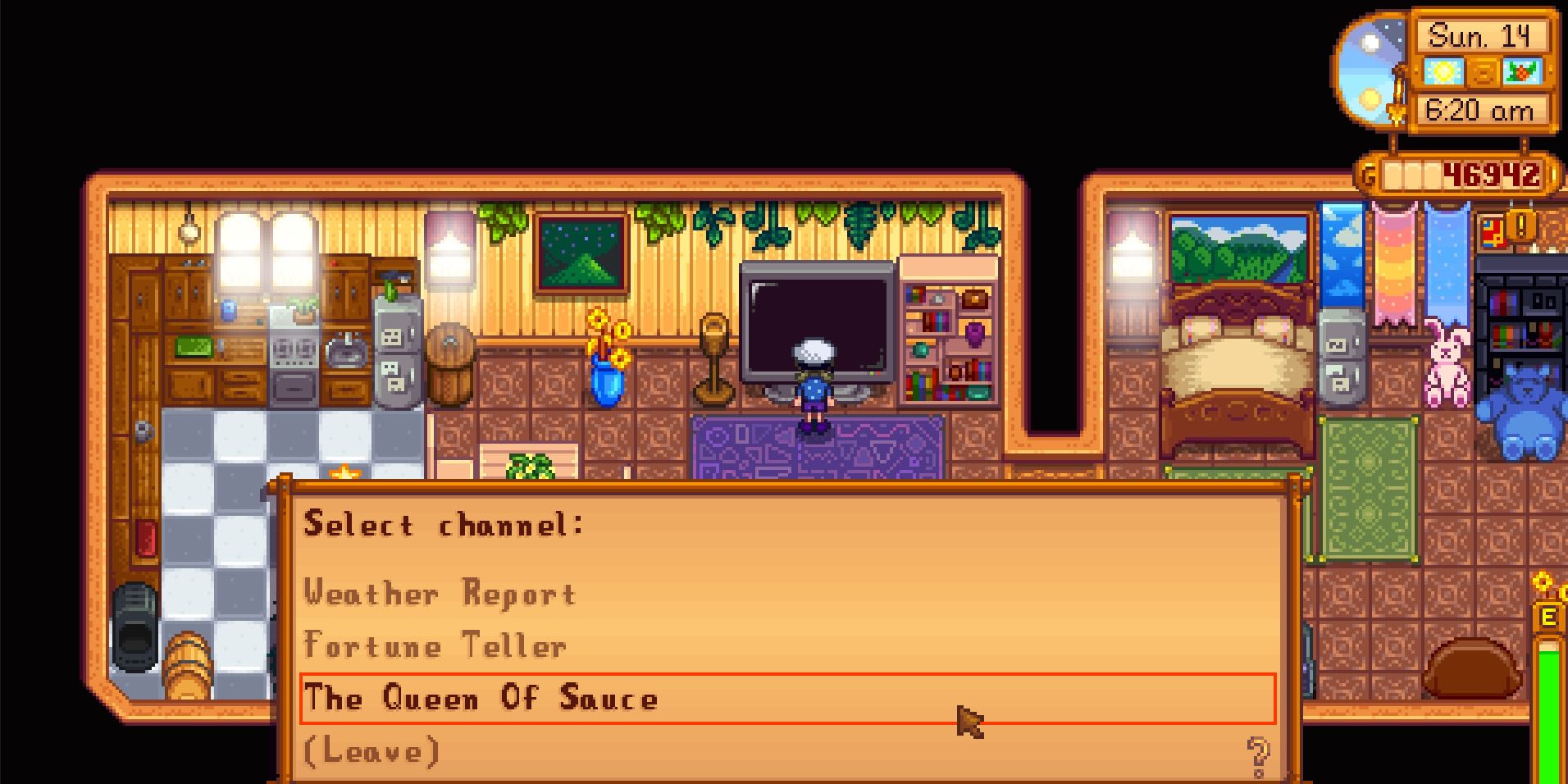 Image of a character going to the TV to watch The Queen of Sauce in Stardew Valley