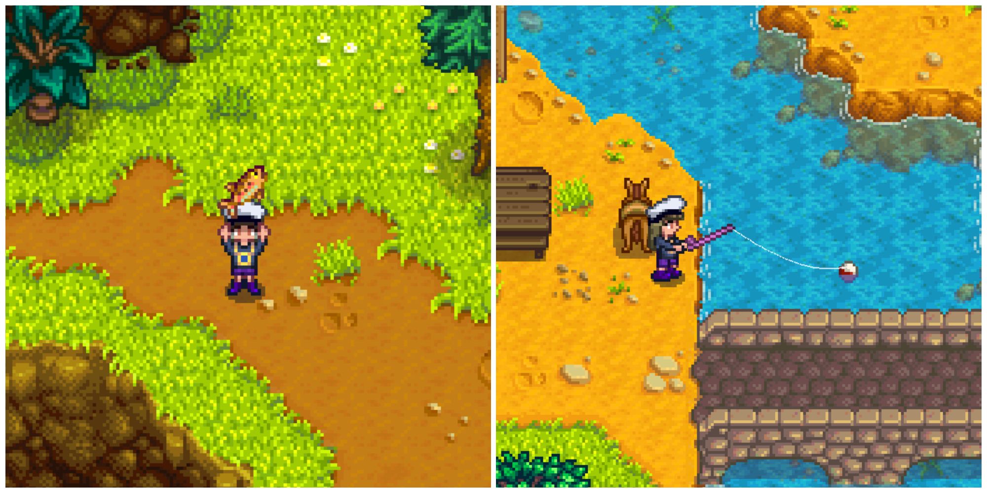 Split image of a character holding a Rainbow Trout and a character fishing in the river in Stardew Valley