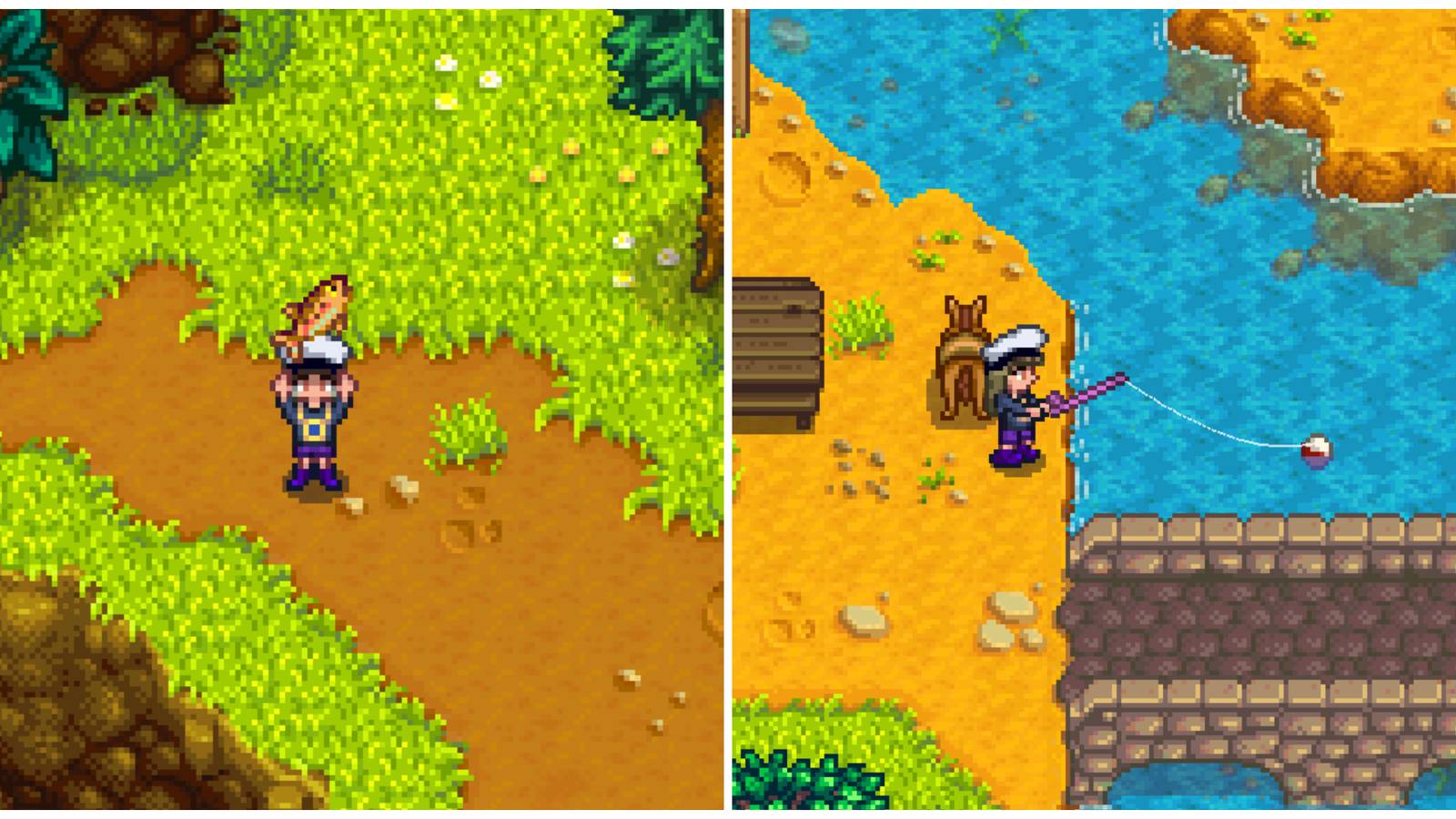 Split image of a character holding a Rainbow Trout and a character fishing in the river in Stardew Valley