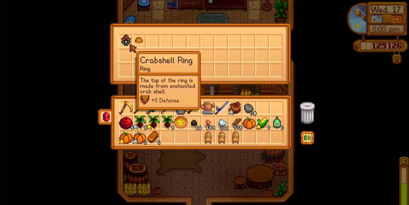 Image of a few possible rewards, including the Crabshell Ring, received from completing Monster Eradication Goals in Stardew Valley