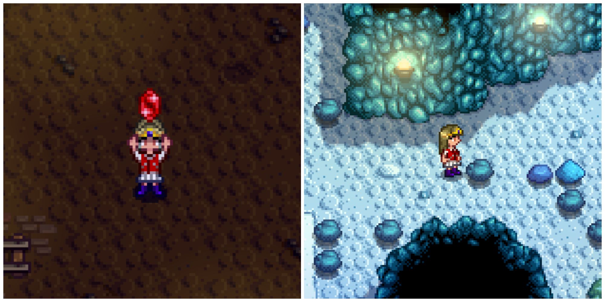 Split image of a character holding a Ruby and a character mining in the Mines in Stardew Valley