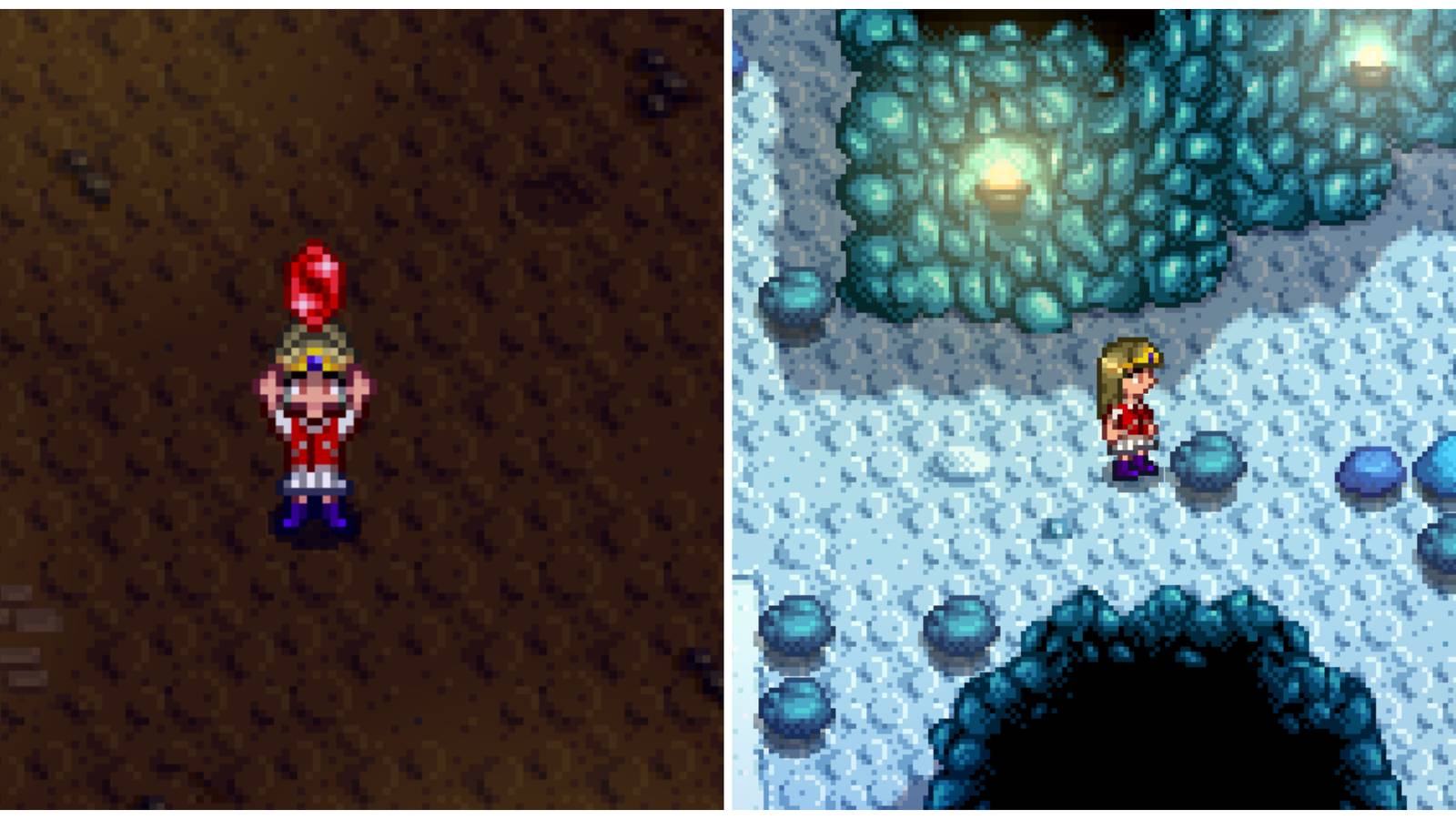 Split image of a character holding a Ruby and a character mining in the Mines in Stardew Valley