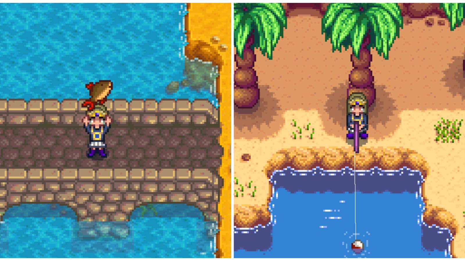 Split image of a character holding a Scorpion Carp and a character fishing in the Desert pond in Stardew Valley