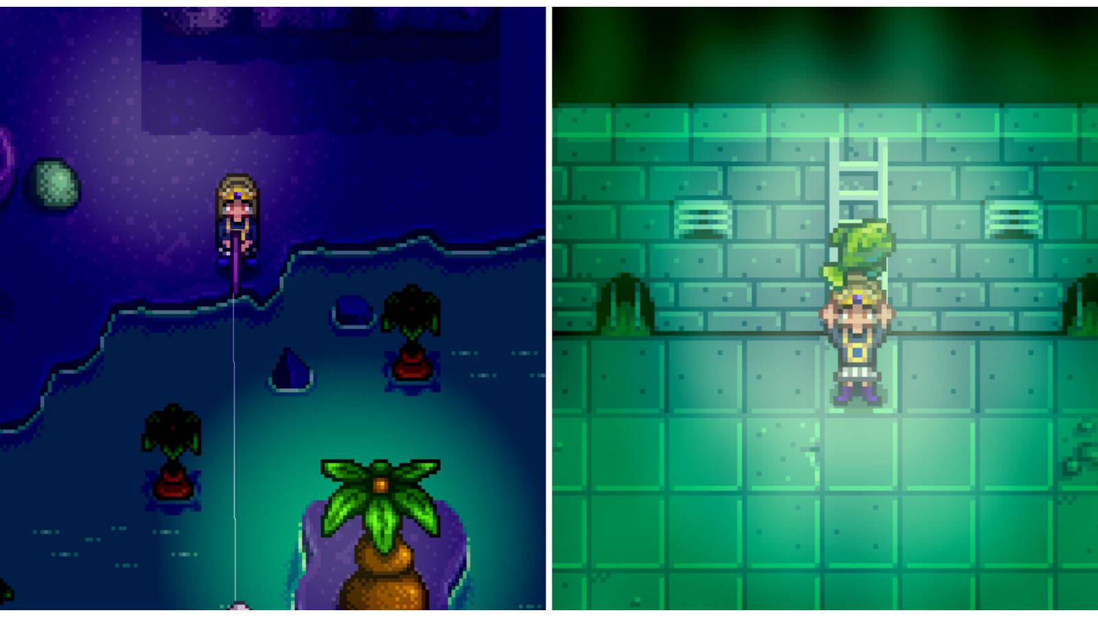 Split image of a character fishing in the Mutant Bug Lair and a character after catching a Slimejack in Stardew Valley