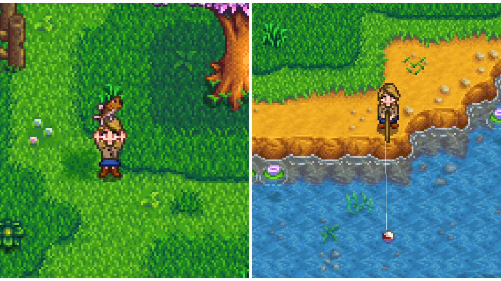 Split image of a character holding up a Smallmouth Bass and a character fishing in Stardew Valley