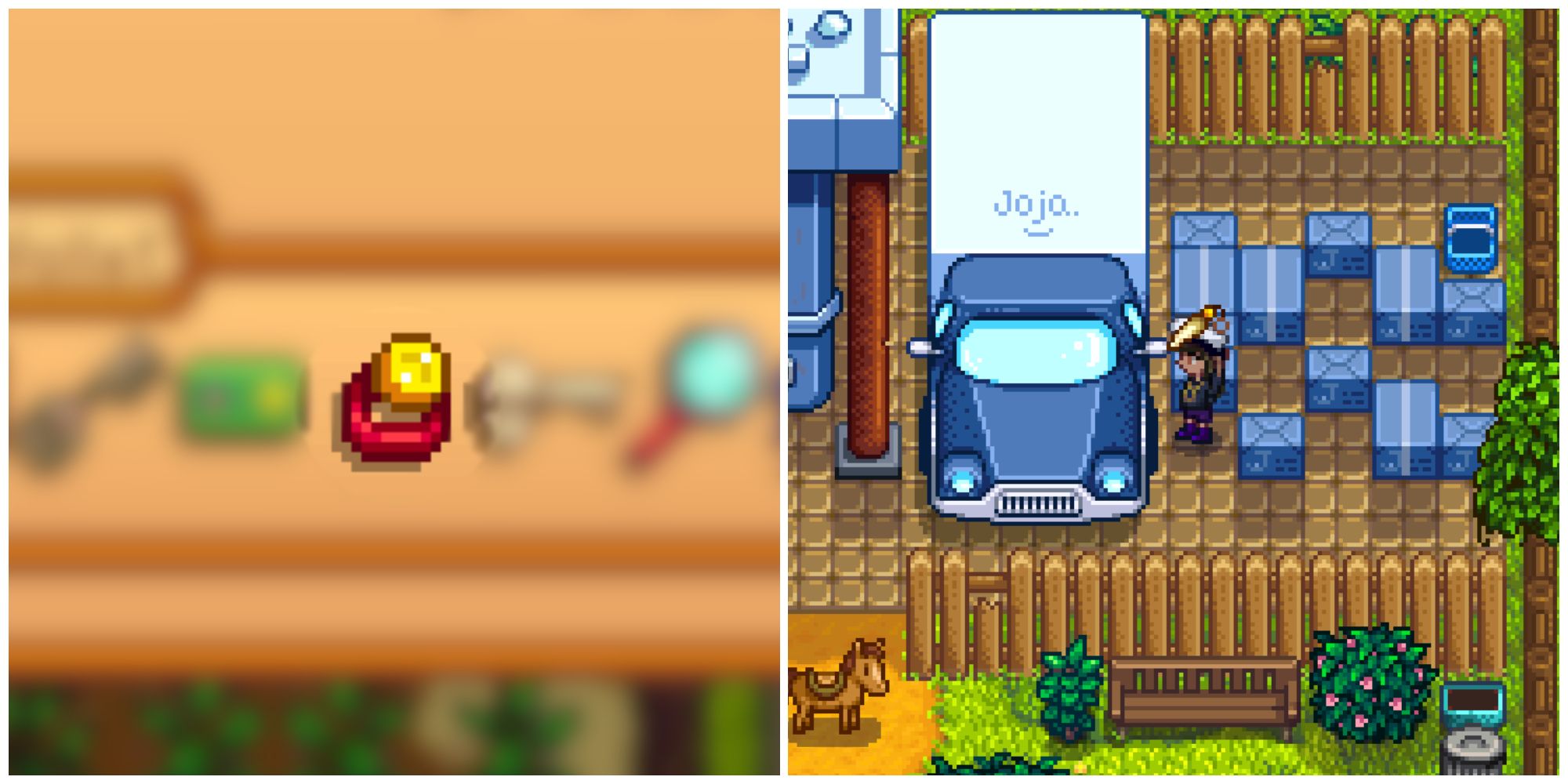 Split image of the special charm and a character approaching a car outside JojaMart in Stardew Valley.