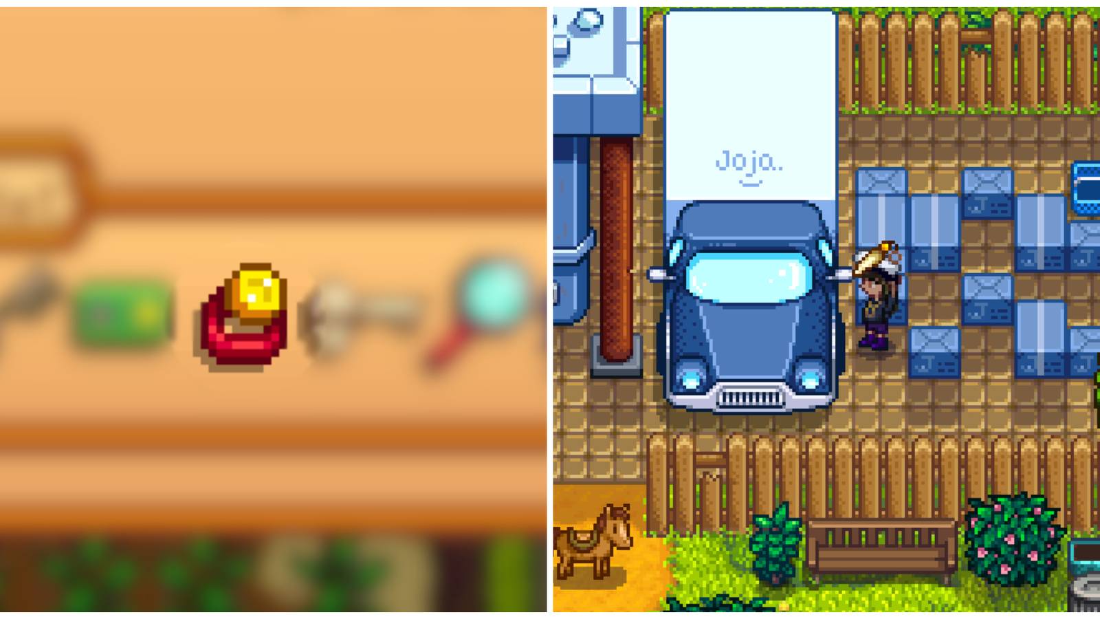 Split image of the special charm and a character approaching a car outside JojaMart in Stardew Valley.