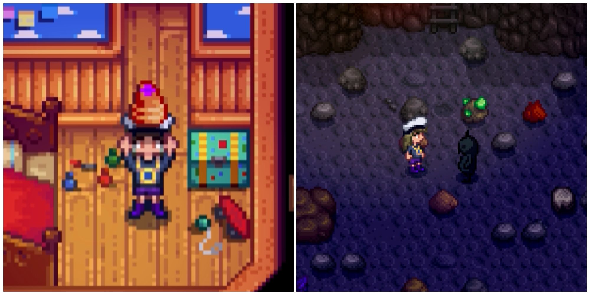 Split image of a character holding a Strange Bun and a character in front of a Shadow Brute enemy in Stardew Valley