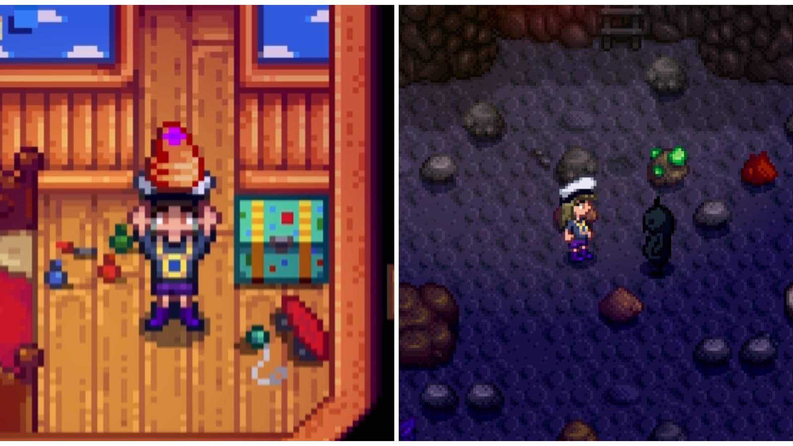 Split image of a character holding a Strange Bun and a character in front of a Shadow Brute enemy in Stardew Valley