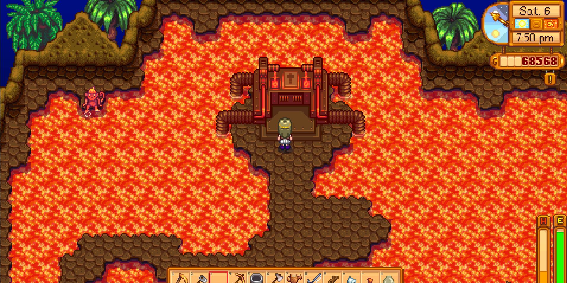Image of a character standing in front of the Forge in the Volcano Dungeon in Stardew Valley