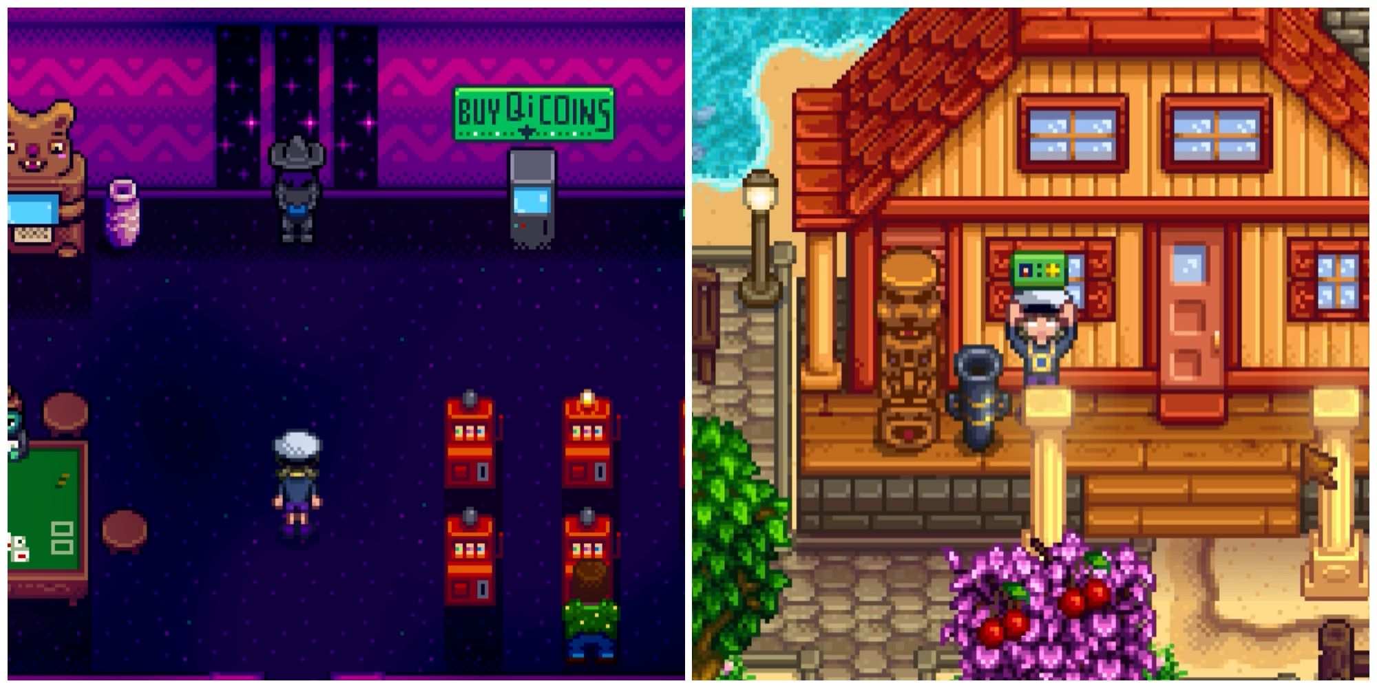Split image of the casino and a character discovering a club card in Stardew Valley