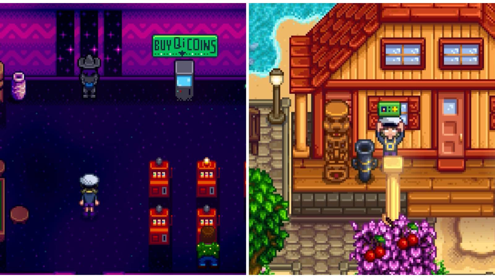Split image of the casino and a character discovering a club card in Stardew Valley