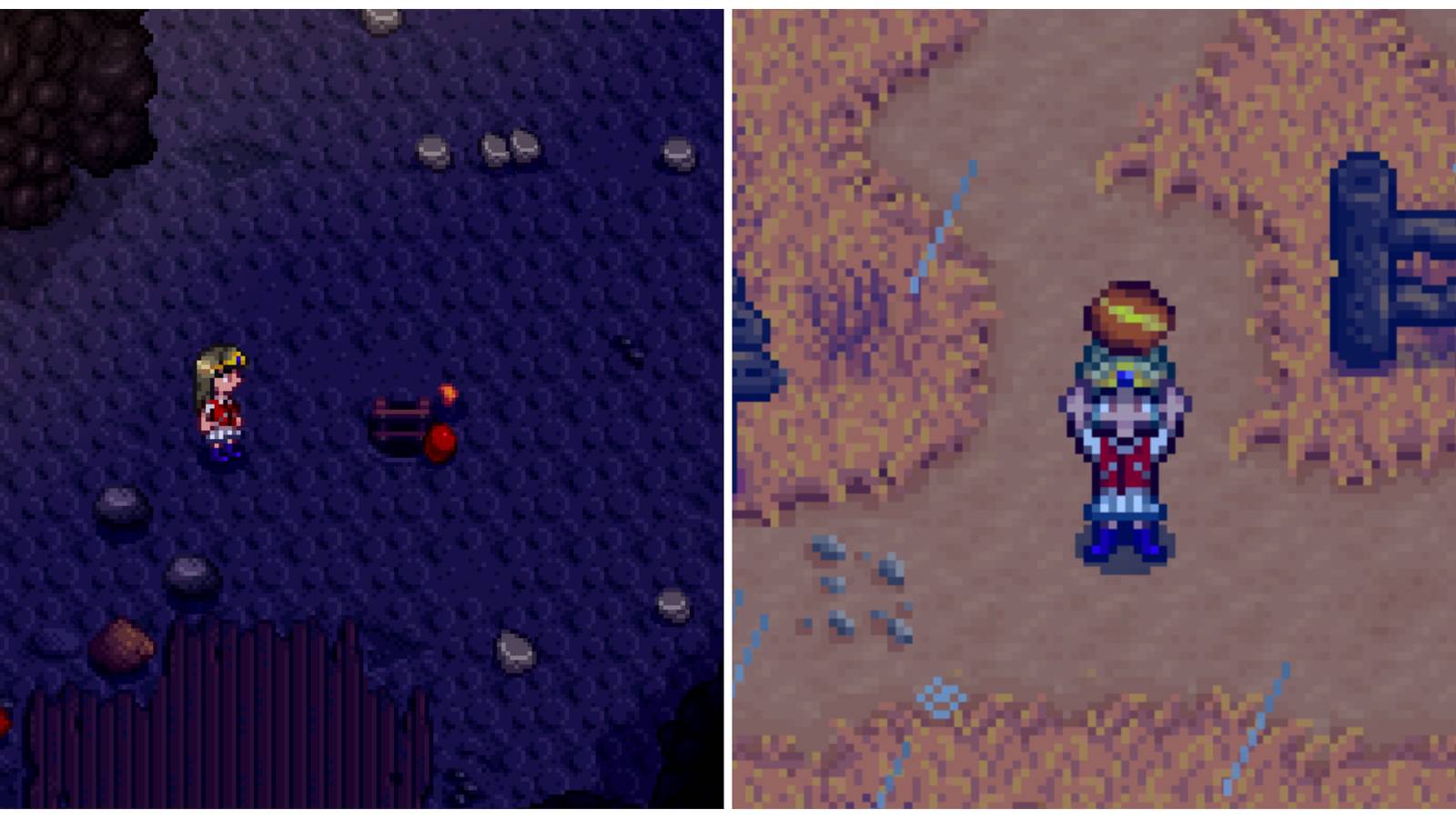 Split image of a character in the mines with a Magma Geode in front of them and a character holding a Tigerseye in Stardew Valley