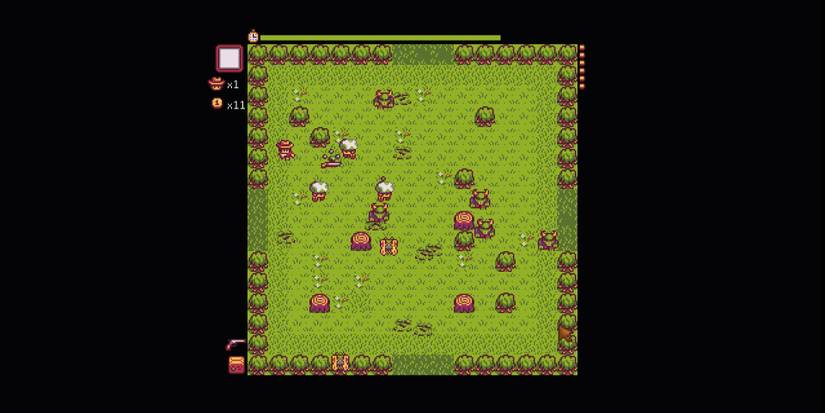 Image of the character using a tree as a barrier in the Journey of the Prairie King in Stardew Valley