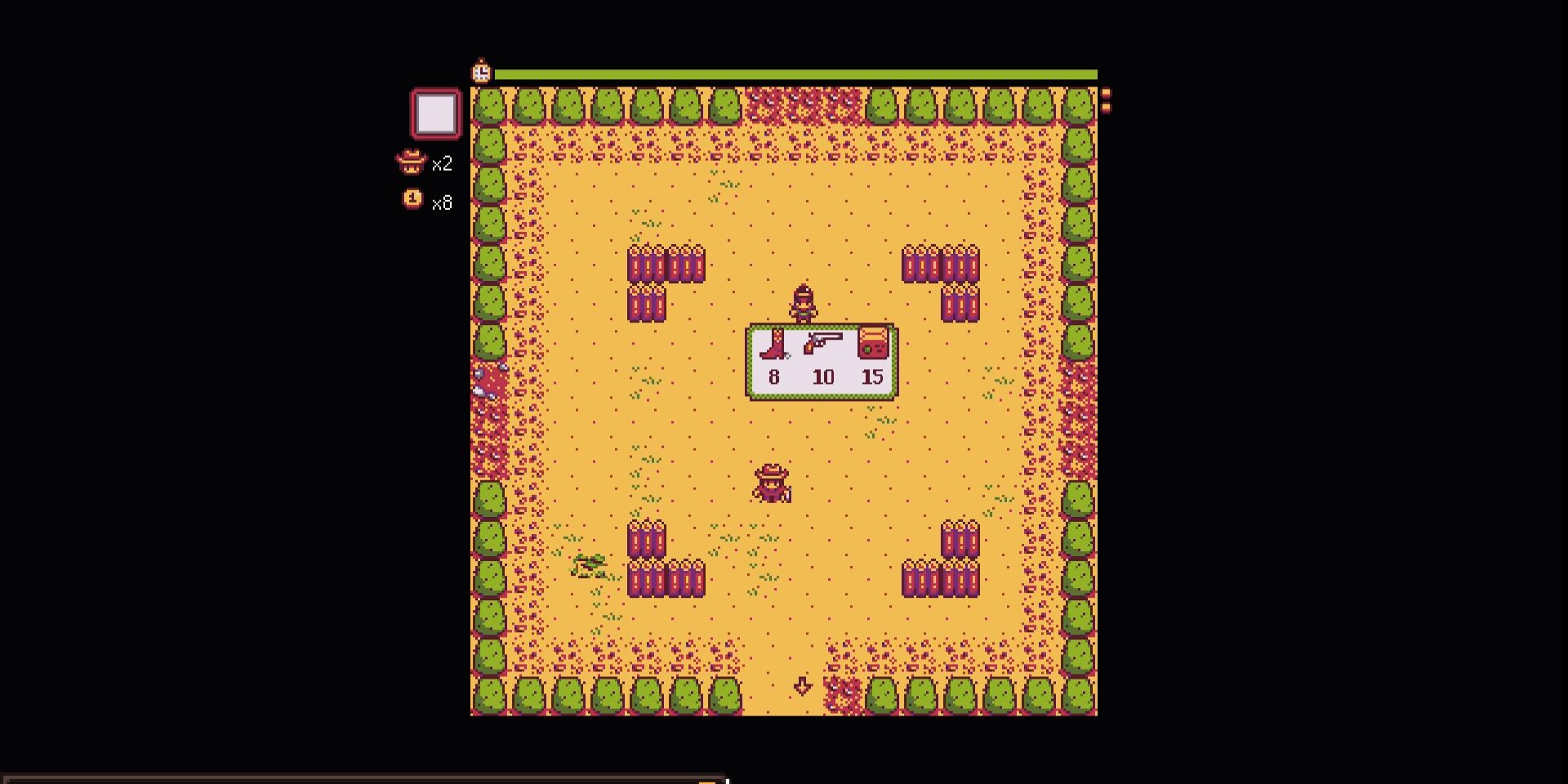 Image of the three upgrades you can get in Journey of the Prairie King in Stardew Valley