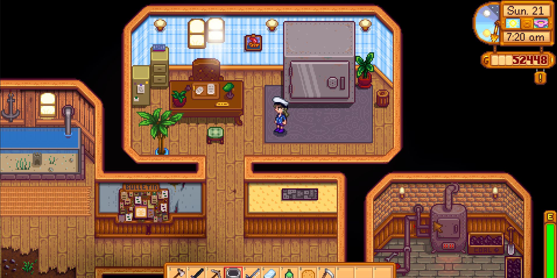 Image of a character visiting the Vault Room in the Community Center in Stardew Valley