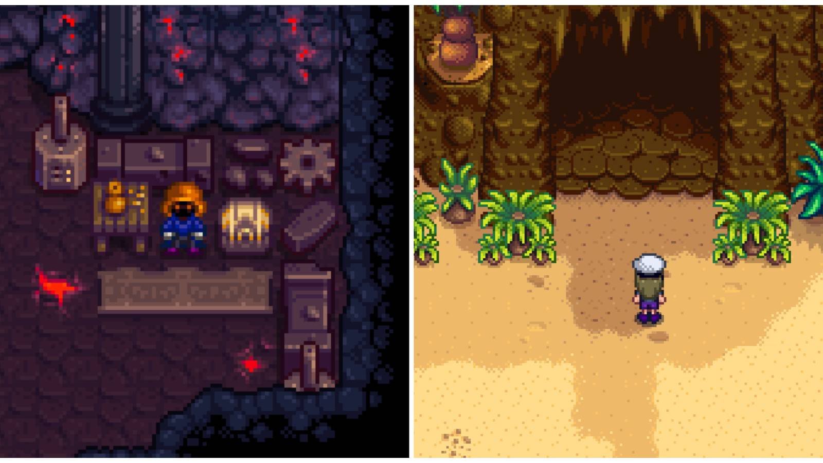 Split image of the Volcano Shop in the Volcano Dungeon and the entrance to the Volcano Dungeon in Stardew Valley