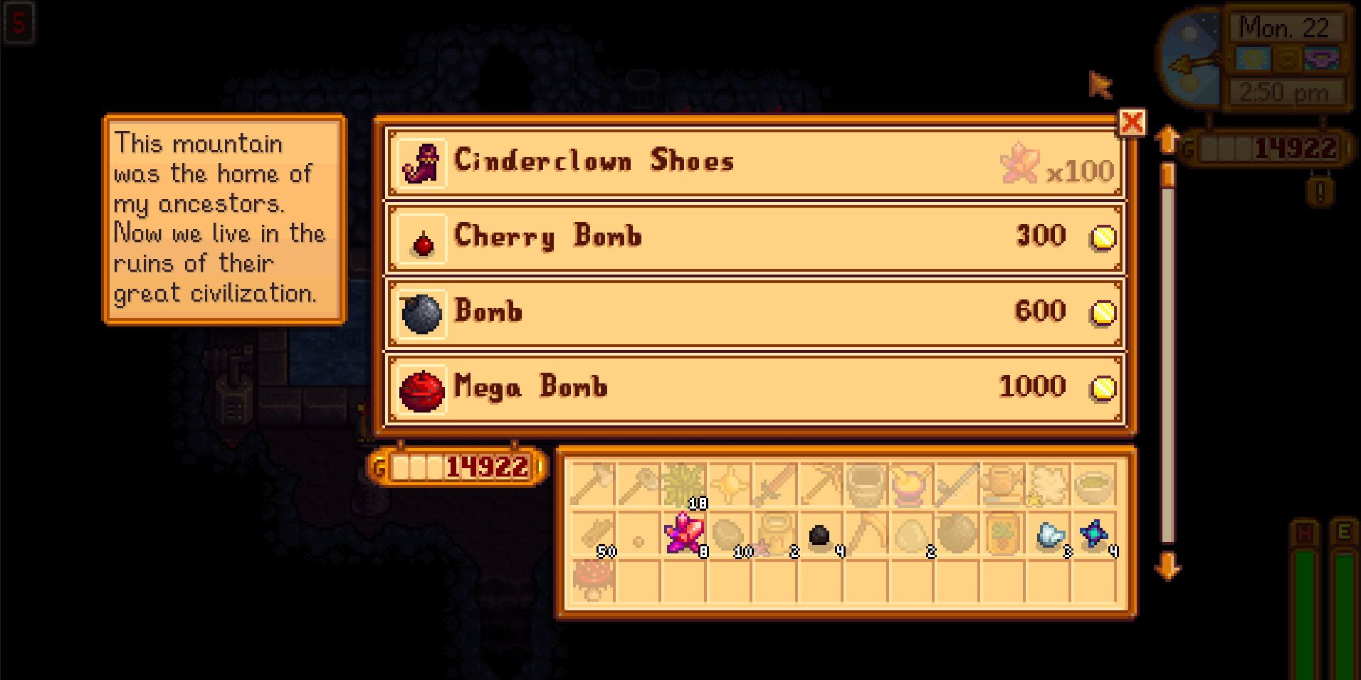 Image of some of the items available for purchase at the Volcano Shop in Stardew Valley