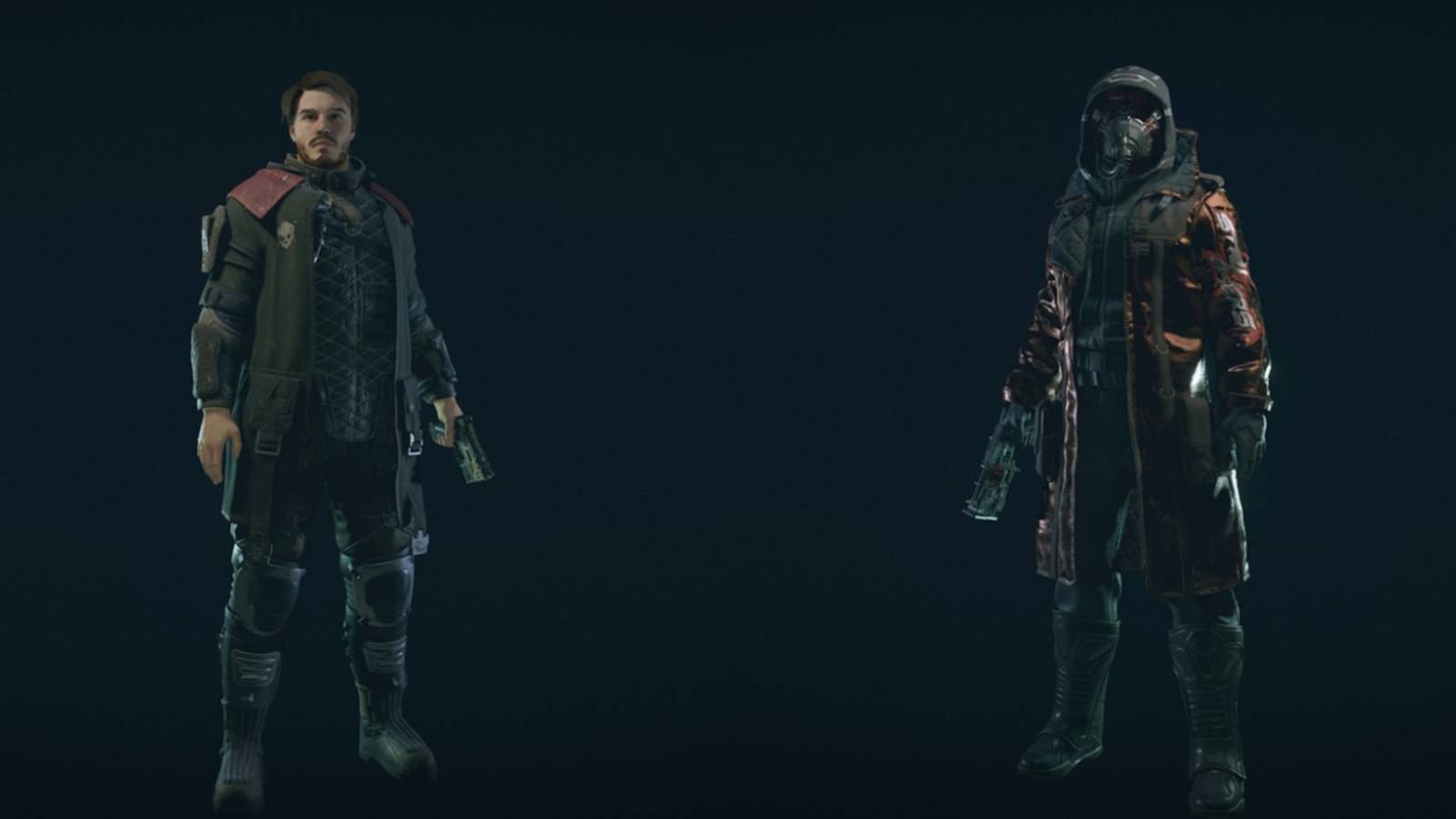 Starfield one character wearing Gray Pirate Captain Gear and another wearing the Striker's Maskwear