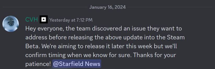 Starfield Update Delay CVH Discord January 16 2024 Message cropped Screenshot