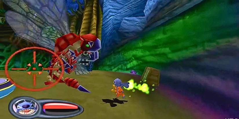 Stitch using a blaster on an alien planet in Experiment 626 for PS2
