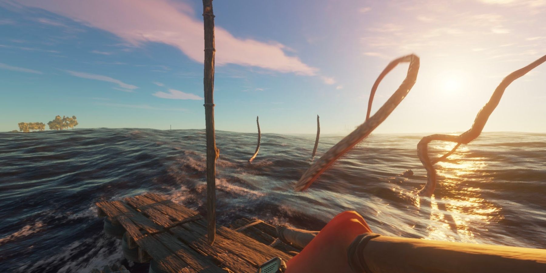 Tentacles coming out of the ocean as the player is on a raft with a weapon in Stranded Deep
