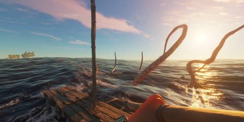 Tentacles coming out of the ocean as the player is on a raft with a weapon in Stranded Deep