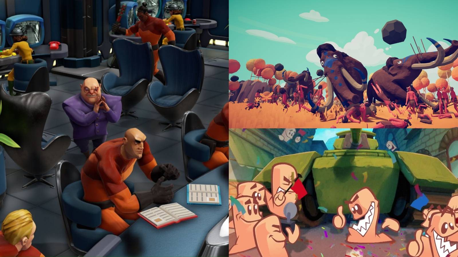 Screenshots from Evil Geniuses 2, TABS, and Worms WMD