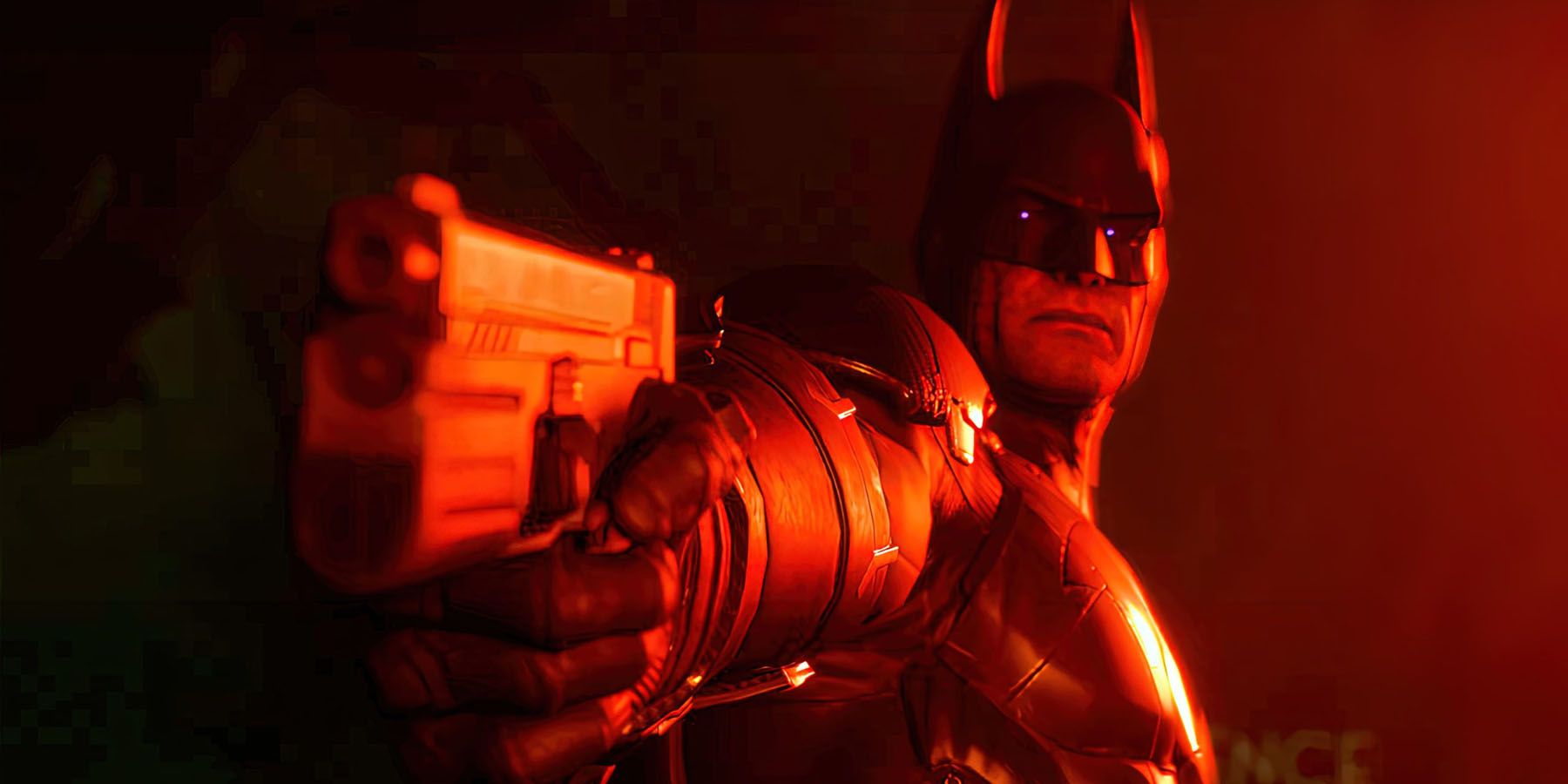 A screenshot of Batman aiming a gun in red light in Suicide Squad: Kill the Justice League.