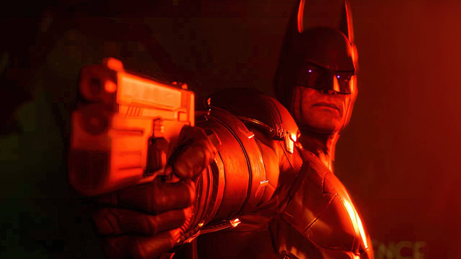 A screenshot of Batman aiming a gun in red light in Suicide Squad: Kill the Justice League.