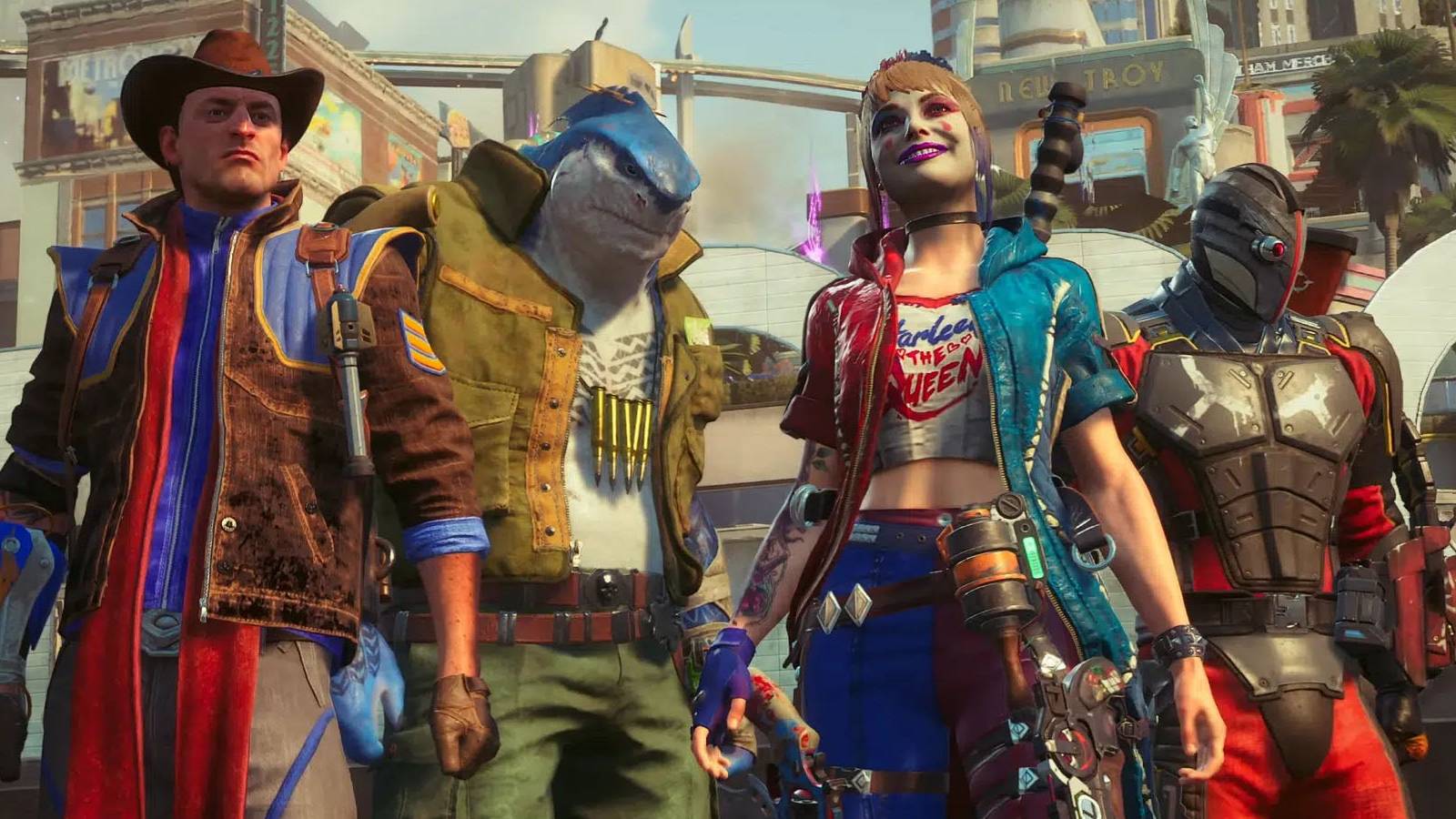 A screenshot of Task Force X wearing altnerate costumes in Suicide Squad: Kill the Justice League.