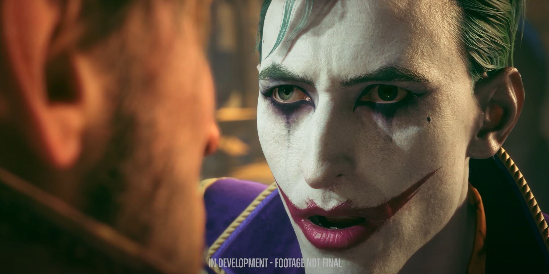 Suicide Squad Kill the Justice League Joker looking surprised close-up