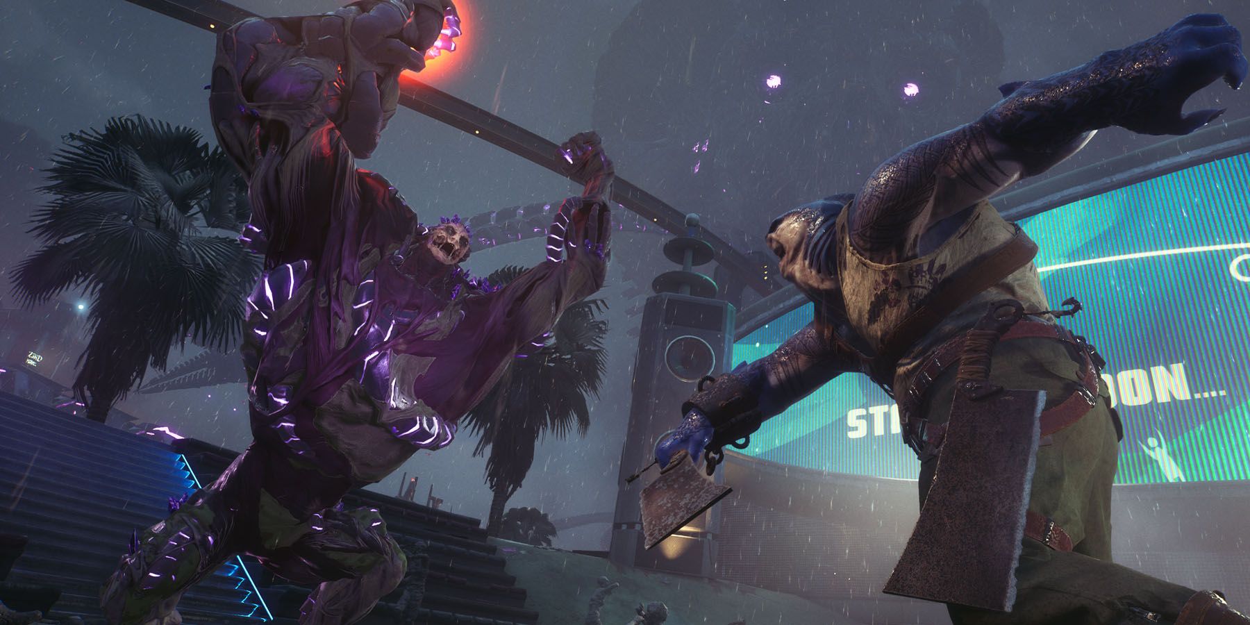 Uma captura de tela do King Shark lutando contra um inimigo gigante à noite em Esquadrão Suicida: Mate a Liga da Justiça.