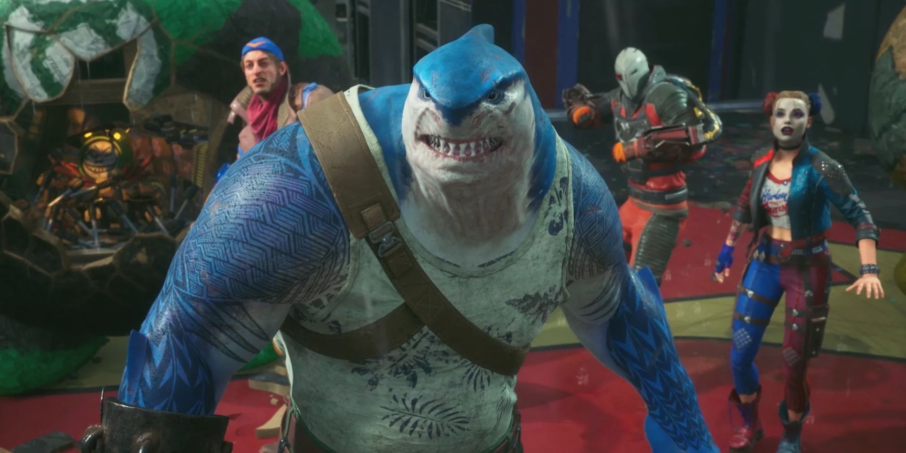 A screenshot from Suicide Squad: Kill the Justice League depicting King Shark standing in front of the other Suicide Squad members.