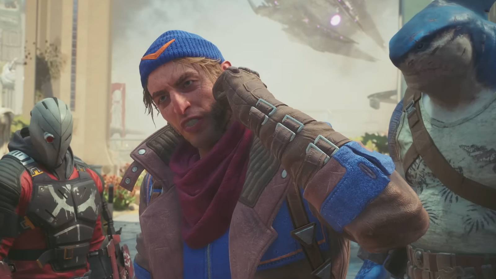 A screenshot of Captain Boomerang, Deadshot, and King Shark in Suicide Squad: Kill the Justice League.