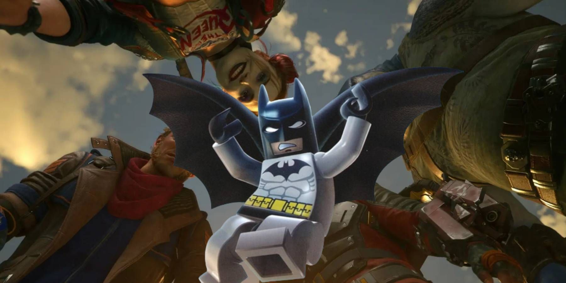 LEGO Batman interrupting a Group shot from Suicide Squad: Kill the Justice League