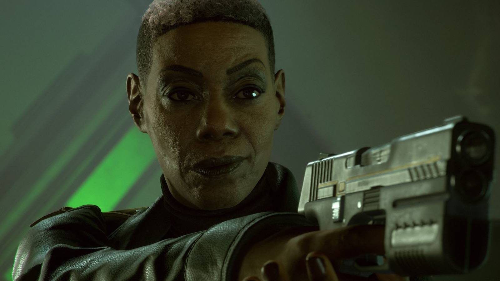 A screenshot of Amanda Waller aiming a gun against a green background in Suicide Squad: Kill the Justice League.
