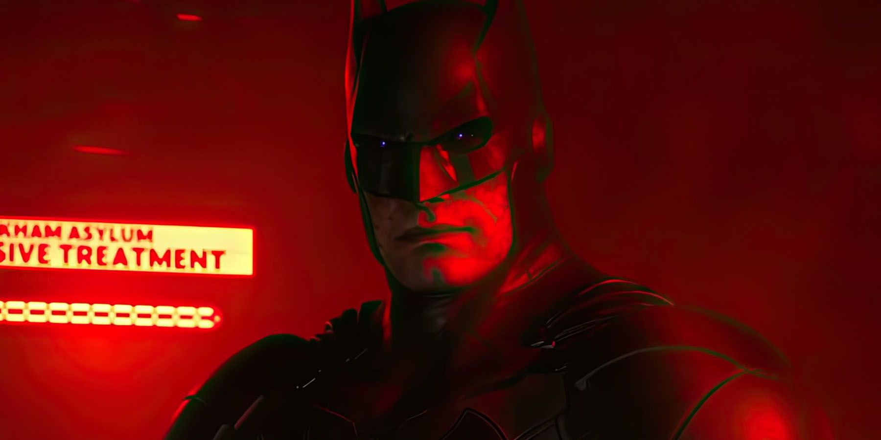 Une capture d'écran d'un Batman soumis à un lavage de cerveau et couvert de lumière rouge dans Suicide Squad : Kill the Justice League.