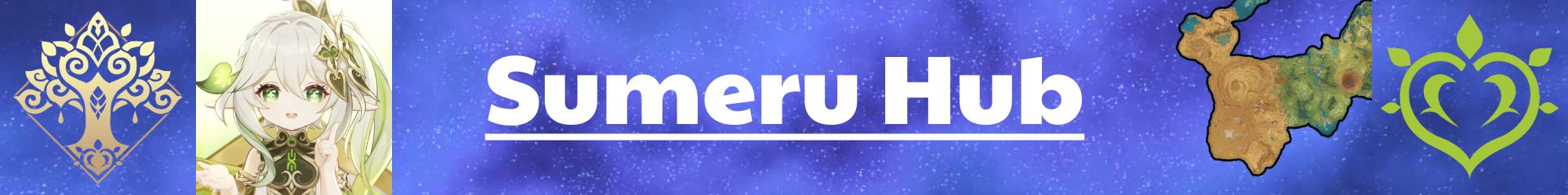 a narrow image with the text sumeru hub and pictures from sumeru: the region's emblem, nahida, a map of sumeru, and the dendro symbol - genshin impact