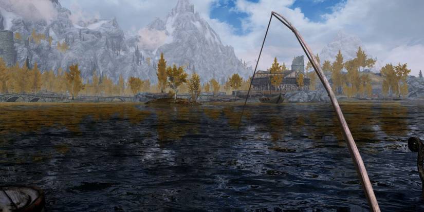 Skyrim: the character is fishing