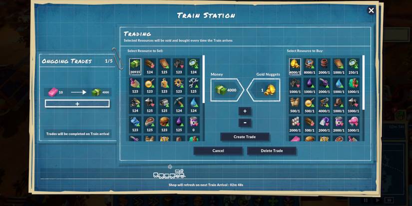 A player trading a produced good for money