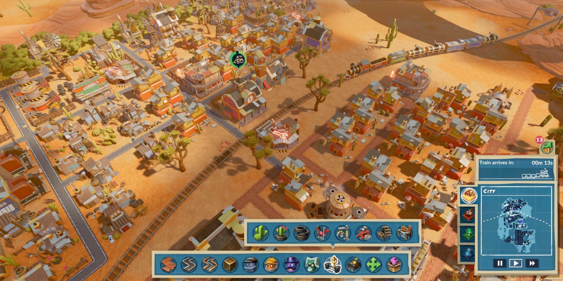 A player's bustling city near the train tracks