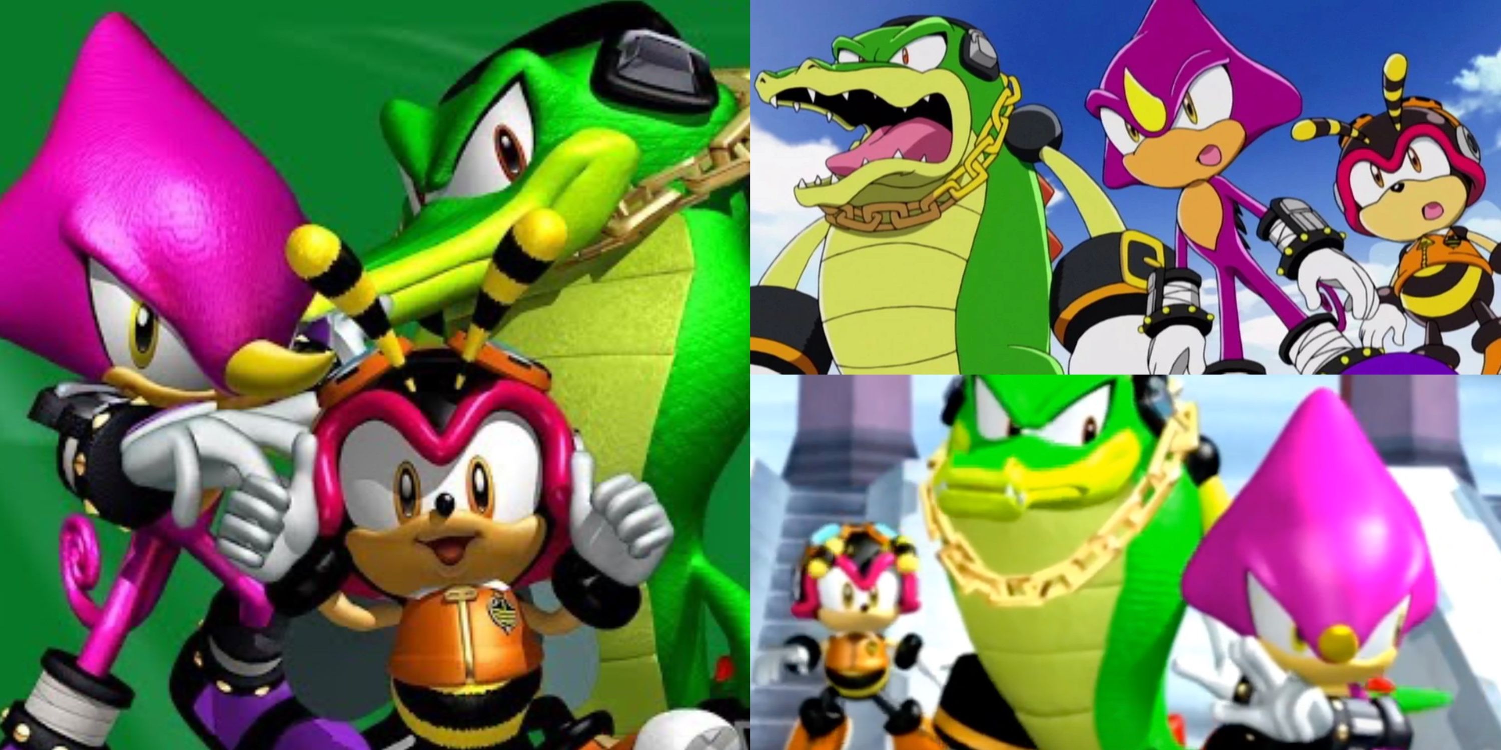 screenshots of the chaotix: Espio the chameleon, vector the crocodile and Charmy Bee