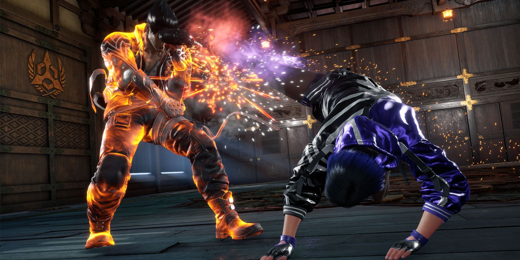 A screenshot of Jin battling inside a dojo in Tekken 8.