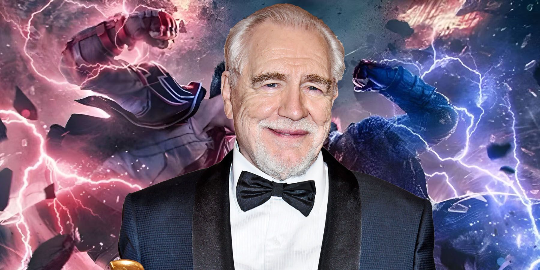 An image of Succession star Brian Cox inserted into a promotional shot of Kazuay and Jin fighting in Tekken 8.