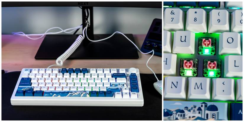 The Akko MOD007B PC Santorini Keyboard set up on a desk and red switches