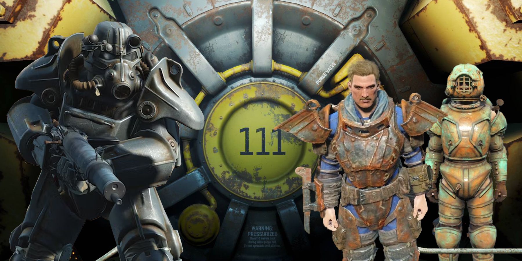 A group of Fallout 4 characters standing in front of a circular metal door and wearing the best armor in the game
