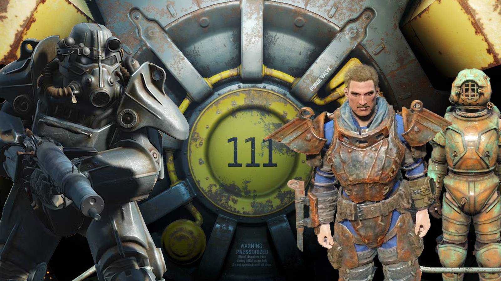 A group of Fallout 4 characters standing in front of a circular metal door and wearing the best armor in the game