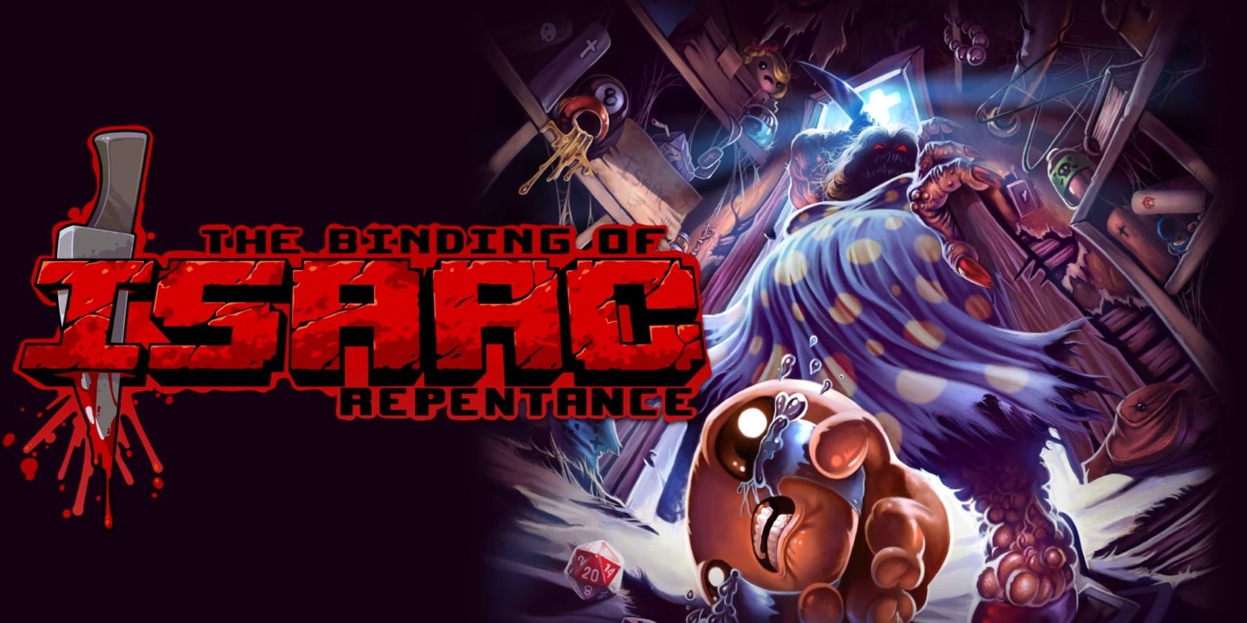 The key visual for The Binding of Isaac: Repentance. The image displays protagonist Isaac against grotesque visuals from the game.