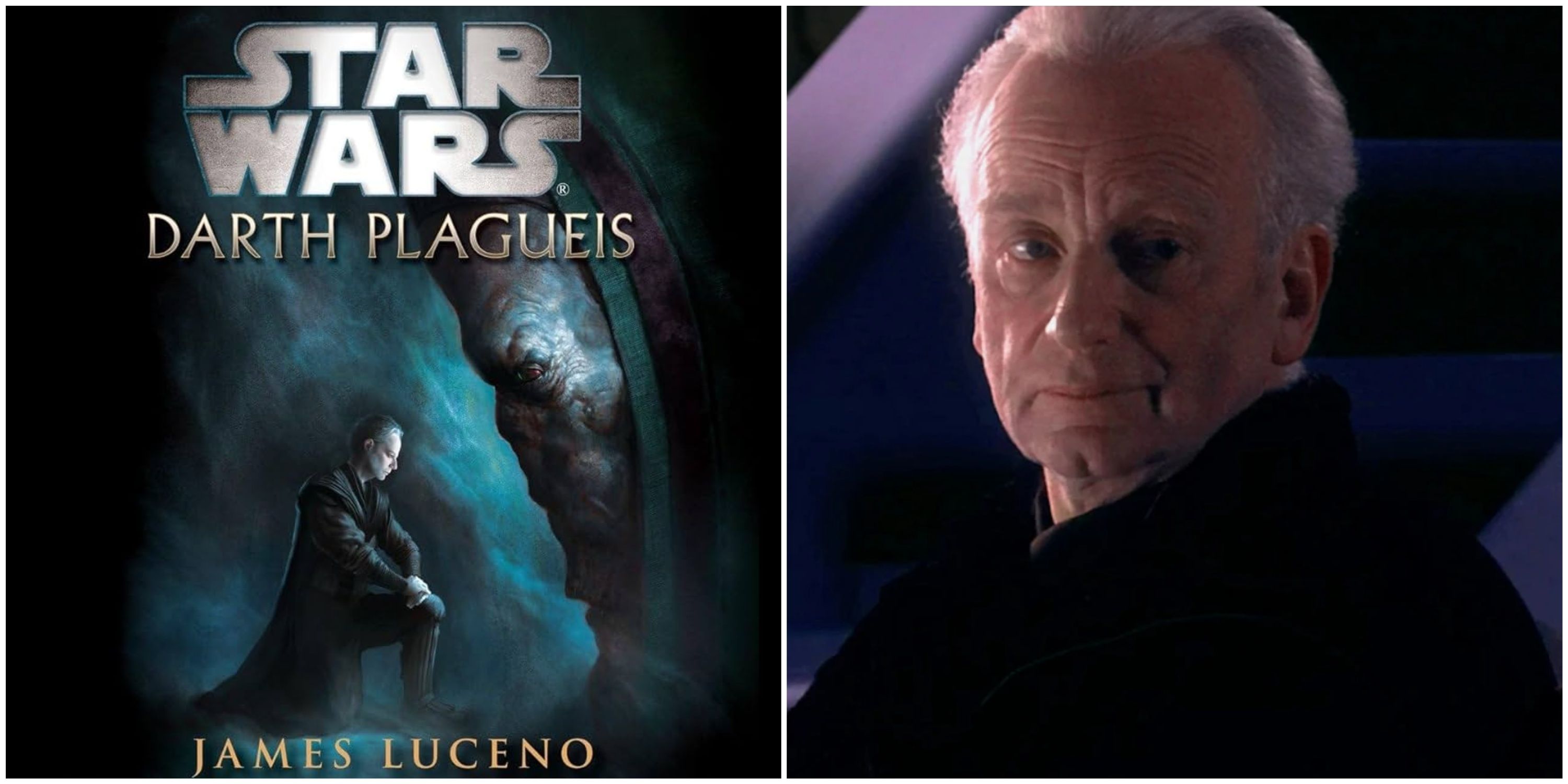 The Darth Plagueis book by James Luceno and Palpatine in Revenge of the Sith